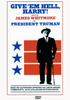 Give'em Hell Harry! DVD (1975): The cover features a man in a suit and hat holding a cane, standing next to three blue stars on a white background. Red and blue text highlights the cast and biographical themes of this classic Harry S Truman play. A must-have addition for movie collectors and fans of classic theatrical performances on DVD.