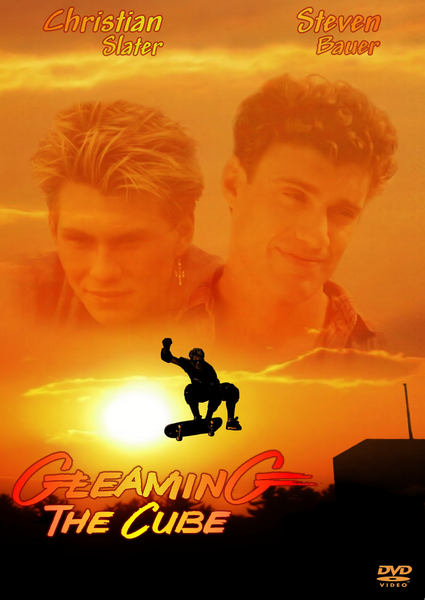 Gleaming the Cube DVD (1989): Features a sunset backdrop with two faded young men above, a skateboarder’s silhouette set against the sun, bold movie title graphic, actors’ names—including Christian Slater—shown at the top, and the DVD Video logo in the bottom right corner.