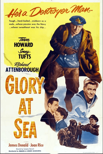 Vintage movie poster for Glory at Sea (1952) DVD, a British naval war drama with striking painted portraits of sailors and a ship, featuring bold yellow and white text showcasing stars Trevor Howard, Sonny Tufts, and Richard Attenborough. This classic World War II minesweeper film is an essential addition to any classic movie DVD collection.