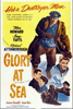 Vintage movie poster for Glory at Sea (1952) DVD, a British naval war drama with striking painted portraits of sailors and a ship, featuring bold yellow and white text showcasing stars Trevor Howard, Sonny Tufts, and Richard Attenborough. This classic World War II minesweeper film is an essential addition to any classic movie DVD collection.