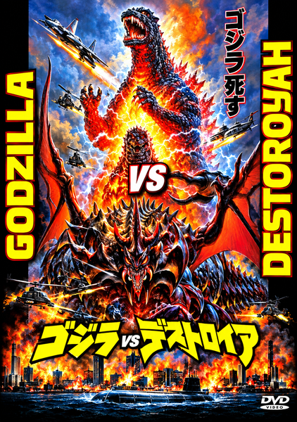 Godzilla and Destoroyah clash amid raging fires and devastation, with jets soaring overhead and a city skyline beneath them. The text “Godzilla vs Destoroyah” appears in both English and Japanese. Perfect for rare movie enthusiasts, this Godzilla vs Destoroyah DVD (1995) delivers the iconic battle in outstanding quality. The DVD logo is displayed in the bottom right corner.