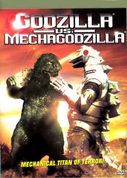 Classic monsters clash as Godzilla faces off against the formidable MechaGodzilla, both towering amidst swirling flames. The title "Godzilla vs Mechagodzilla" appears above, with "Mechanical Titan of Terror!" below. Perfect for fans of classic movies, this Godzilla vs Mechagodzilla DVD (1974) captures the legendary battle in cinematic history. The official DVD logo is displayed in the bottom right corner.