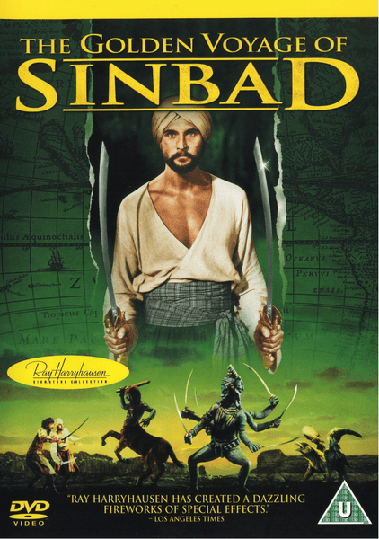 DVD cover for The Golden Voyage of Sinbad DVD (1973) showcases a man in a turban wielding two swords, set against a map backdrop with action scenes below. Ideal for collectors of classic movies on DVD and rare films, the cover features prominent mentions of Ray Harryhausen and praise for its special effects. A must-have addition for any Sinbad fan.