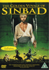 DVD cover for The Golden Voyage of Sinbad DVD (1973) showcases a man in a turban wielding two swords, set against a map backdrop with action scenes below. Ideal for collectors of classic movies on DVD and rare films, the cover features prominent mentions of Ray Harryhausen and praise for its special effects. A must-have addition for any Sinbad fan.