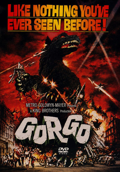 Gorgo (1961) DVD cover—ideal for monster movie collectors and kaiju DVD fans. Featuring dramatic artwork of a towering creature demolishing a city while terrified crowds run for their lives. The cover proclaims, "LIKE NOTHING YOU'VE EVER SEEN BEFORE!" amid scenes of shattered buildings and raging fires from this rare classic film.