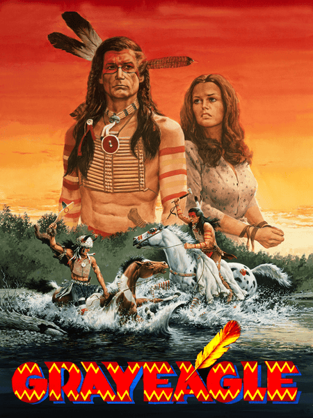 Grayeagle (1977) DVD features poster art of a Native American man and woman against an orange sky, with riders crossing a river below. A classic frontier adventure, it's ideal for any rare western movies DVD collection.