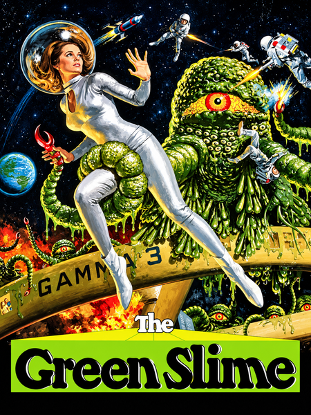 A woman in a silver spacesuit floats in space near a giant green alien monster, while astronauts battle the creature. Against a backdrop of stars, Earth, and the iconic title “The Green Slime,” this thrilling scene comes from one of the most sought-after vintage classic movies. The Green Slime DVD is perfect for collectors searching for rare, hard-to-find films or fans eager to add this cult favorite to their collection.