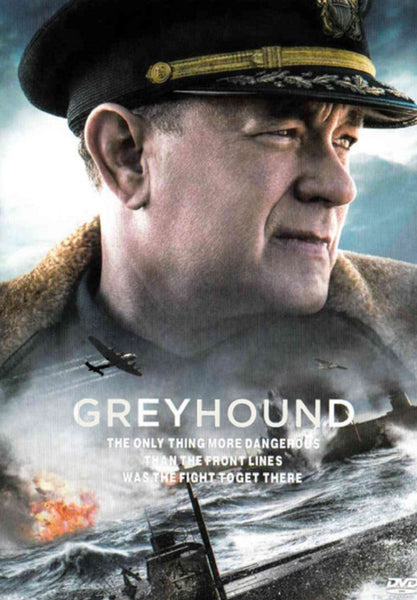 A man in a naval uniform looks ahead as warships and planes battle amid explosions and smoke at sea. The text reads: “Greyhound. The only thing more dangerous than the front lines was the fight to get there.” Experience this gripping World War II movie—now available on Greyhound (2000) DVD.