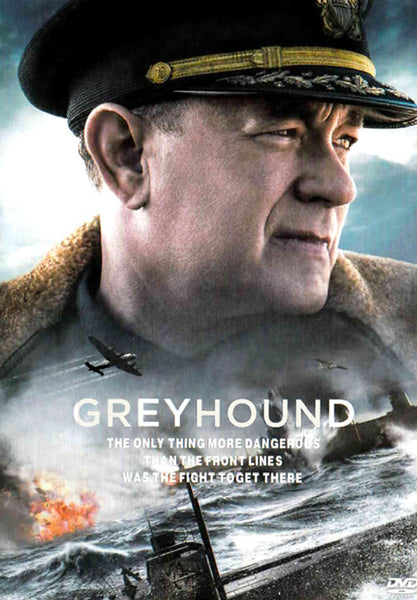 A stern man in a naval uniform is superimposed over wartime scenes with warships and planes. The text reads: GREYHOUND. This gripping World War II movie captures the peril and intensity of battle at sea—the only thing more dangerous than the front lines was the fight to get there. Discover Greyhound (2000) DVD, a rare film on DVD that brings history vividly to life.