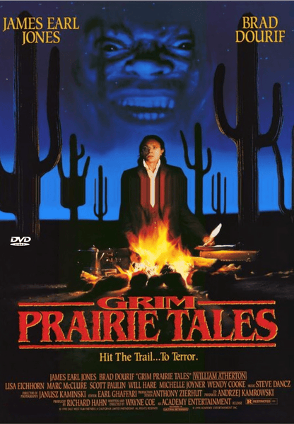 A silhouetted figure stands among cacti in a nighttime desert, while a giant, ominous face appears above in the sky. The text displays “Grim Prairie Tales,” starring Brad Dourif and James Earl Jones, along with the tagline: "Hit The Trail...To Terror." This rare Grim Prairie Tales DVD (1990) delivers psychological horror that will linger in your mind.