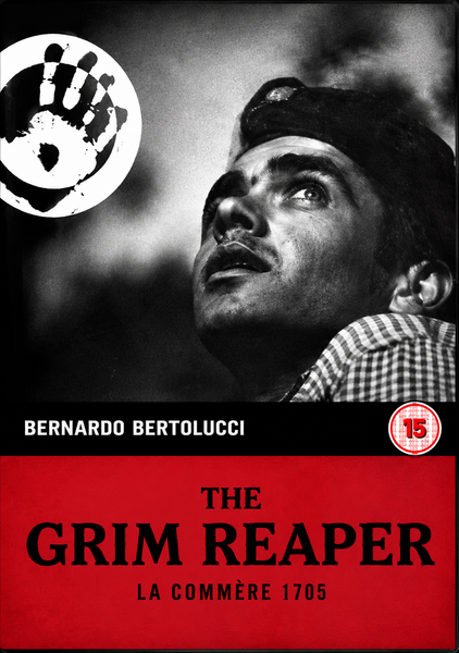 A black-and-white movie poster featuring a man looking up, a white handprint, and the text: Bernardo Bertolucci, The Grim Reaper, La Commère 1705, alongside a 15 age rating symbol—an evocative design for this Italian crime drama classic, now available as The Grim Reaper DVD (1962).