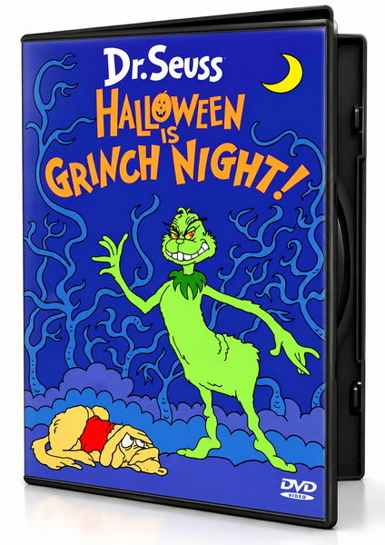 Halloween is Grinch Night DVD cover featuring a cartoon Grinch gesturing toward a sleeping dog against a background of dark blue twisted branches and a yellow crescent moon.