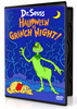 Halloween is Grinch Night DVD cover featuring a cartoon Grinch gesturing toward a sleeping dog against a background of dark blue twisted branches and a yellow crescent moon.