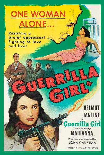Vintage movie poster for Guerilla Girl (1953), a romantic wartime drama, showcases a woman in pink and men in military attire. Now available as the Guerilla Girl (1953) DVD—perfect for classic movie collectors.