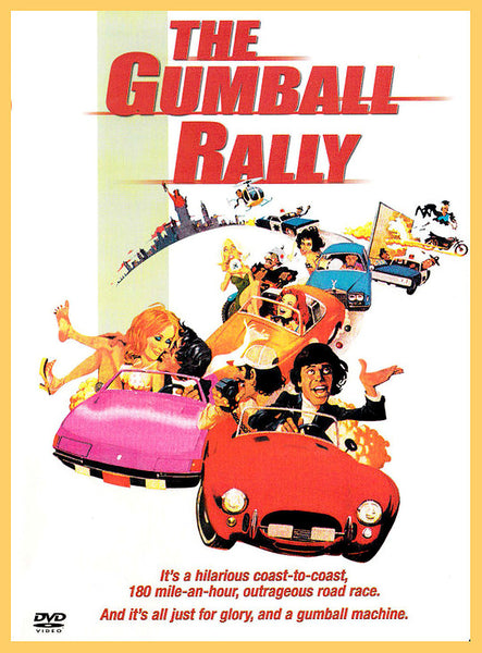 Illustrated movie poster for Gumball Rally DVD (1976) shows excited people driving colorful cars in a wild race, with the bold red title above and the tagline about a coast-to-coast road race below—ideal for fans searching for classic movies on DVD or collectors interested in rare titles.