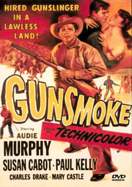 Vintage movie poster art for the Gunsmoke (1953) DVD, a classic Wild West film, depicts a cowboy with a rifle, a romantic couple, and thrilling action scenes. Bold yellow title lettering and credits for stars Audie Murphy, Susan Cabot, Paul Kelly, and others are featured.