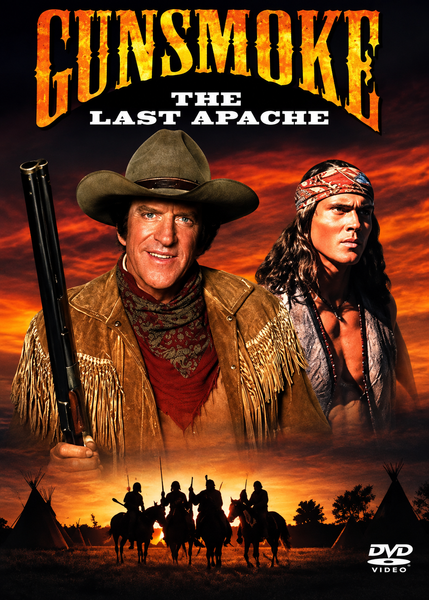 DVD cover for Gunsmoke The Last Apache (1990) DVD, featuring James Arness as a cowboy with a shotgun alongside a man in a headband, with riders and teepees silhouetted against the sunset—an essential addition for collectors of rare movies on DVD.