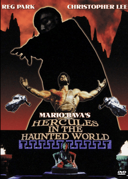 DVD cover for Hercules In The Haunted World DVD (1961) featuring a large shadowy figure towering over Hercules (Reg Park), surrounded by eerie figures, ancient Greek columns, and a dark mountainous backdrop. The title and actors’ names, including Christopher Lee, are prominently displayed.