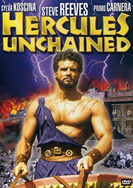 A muscular man in ancient Greek attire stands confidently before a stormy sky streaked with lightning. Above him, the title "Hercules Unchained" appears in bold yellow letters, highlighting Steve Reeves’ iconic performance in this legendary 1959 epic—an ideal choice for fans of classic films on DVD.