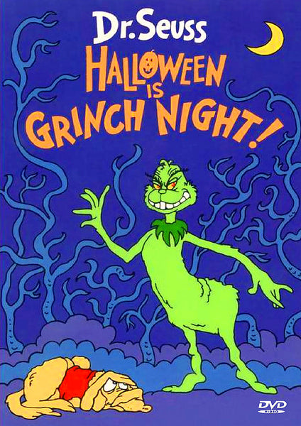 DVD cover for Halloween is Grinch Night DVD (1977) features the green Grinch smiling beneath a crescent moon, surrounded by eerie blue trees, with a frightened dog lying on the ground. Dr. Seuss’s name appears at the top of this Emmy Award-winning children’s film—a rare and excellent find for collectors on DVD.