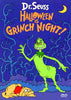 DVD cover for Halloween is Grinch Night DVD (1977) features the green Grinch smiling beneath a crescent moon, surrounded by eerie blue trees, with a frightened dog lying on the ground. Dr. Seuss’s name appears at the top of this Emmy Award-winning children’s film—a rare and excellent find for collectors on DVD.