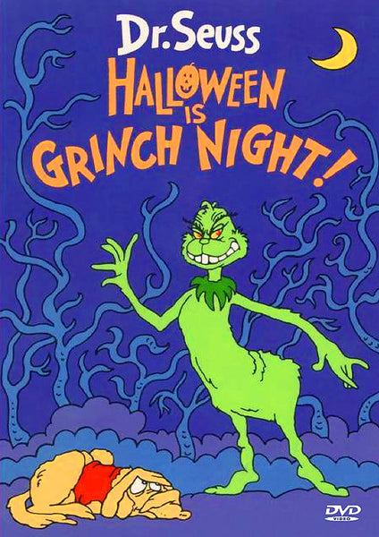 The DVD cover for Halloween is Grinch Night DVD (1977) features the Grinch standing and smiling beneath a crescent moon, surrounded by twisted blue trees, while a frightened dog cowers on the ground. Dr. Seuss’s name appears at the top of this rare cartoon DVD, which presents the Emmy Award-winning children’s program in all its spooky, whimsical glory.