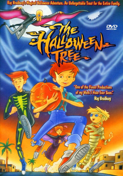 Animated kids in Halloween costumes dash with a glowing pumpkin beneath a spooky tree and a stormy sky, while a ghostly figure hovers above. The bold yellow title, “The Halloween Tree,” stands out on the cover of The Halloween Tree DVD (1993). Celebrate Ray Bradbury’s beloved animated holiday classic—this DVD edition features both Ray Bradbury’s quote and special cover art, making it a unique treasure to enjoy every Halloween season.