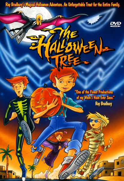 A vibrant illustrated cover for The Halloween Tree DVD (1993) features four children in costumes racing with a pumpkin, a girl soaring on a broomstick, and a haunting moonlit sky with bats. This classic Ray Bradbury Halloween adventure is now available among rare movies on DVD.