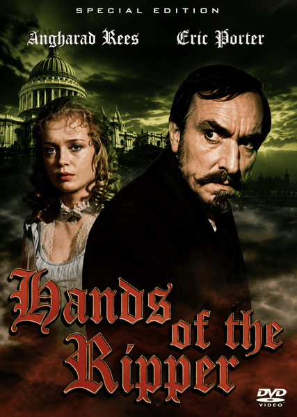 Hands of the Ripper DVD (1971) cover showcases an atmospheric Victorian horror from Hammer Film Productions, featuring a mustachioed man in the foreground, a concerned woman behind him, and a dark, cloudy London skyline with St. Paul’s Cathedral rising ominously in the background.