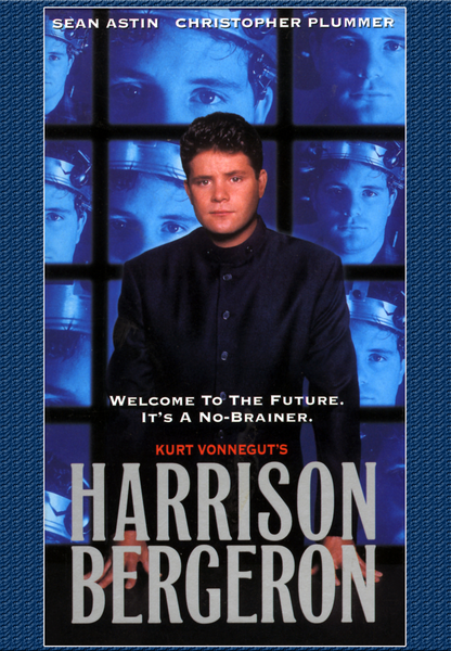 A man stands before screens displaying his own face. The text reads: Welcome to the Future. It’s a No-Brainer. Kurt Vonnegut’s Harrison Bergeron. Featuring Sean Astin and Christopher Plummer at the top—an intriguing moment from this rare, hard-to-find dystopian film, now available on Harrison Bergeron DVD (1995).