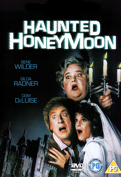 Three people appear frightened, one clutching a candelabra, beneath the title “Haunted Honeymoon”—with Gene Wilder, Gilda Radner, and Dom DeLuise listed as stars. A spooky mansion looms in the background, capturing the eerie yet comedic vibe of this beloved 1986 film. An excellent addition to any collection, the Haunted Honeymoon DVD (1986) is essential viewing for fans of Gene Wilder’s unforgettable work.