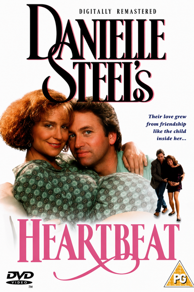 A man embraces a woman from behind as they both look at the camera. Text reads: Heartbeat DVD (1993) by Danielle Steel, with smaller text saying, “Their love grew from friendship like the child inside her...” This romantic comedy-drama is now available on DVD—one of the rare movies in this format—with DVD and PG symbols displayed at the bottom.