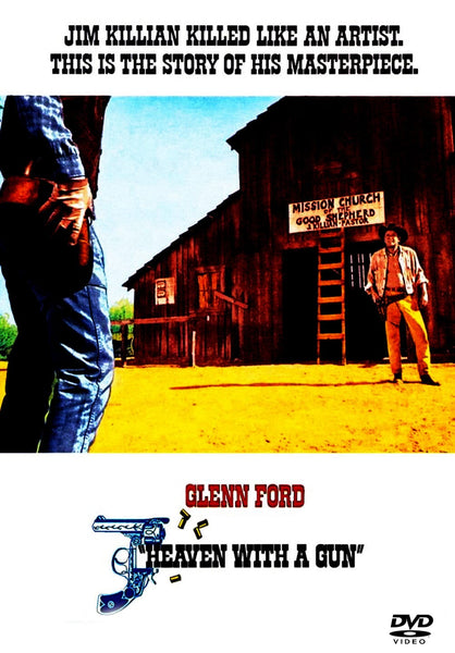 Certainly! Here’s a rewritten version using your product data: The Heaven With A Gun (1969) DVD features a cover depicting two men standing before a wooden church, with prominent text telling Jim Killian’s tale. Starring Glenn Ford, this gunslinger preacher movie is an essential addition to any Glenn Ford western DVD collection.