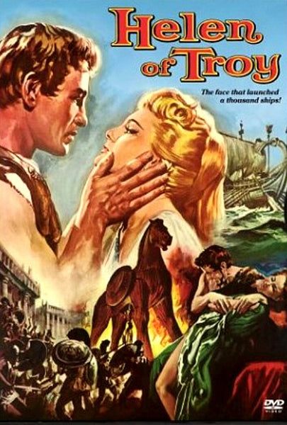 Helen of Troy DVD – Movie poster features a man gently holding a woman’s face, with a ship and soldiers in the background. Text reads: “Helen of Troy—The face that launched a thousand ships!” Ideal for collectors seeking rare movies on DVD or fans eager to own this unforgettable Trojan War film.