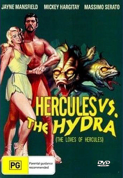 A vintage movie poster for Hercules vs The Hydra DVD (1960) depicts a muscular man holding a frightened woman as a three-headed Hydra looms in the background. The text highlights actor names, including Jayne Mansfield, at the top—making it an ideal tribute for collectors of classic movies on DVD.