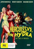A vintage movie poster for Hercules vs The Hydra DVD (1960) depicts a muscular man holding a frightened woman as a three-headed Hydra looms in the background. The text highlights actor names, including Jayne Mansfield, at the top—making it an ideal tribute for collectors of classic movies on DVD.