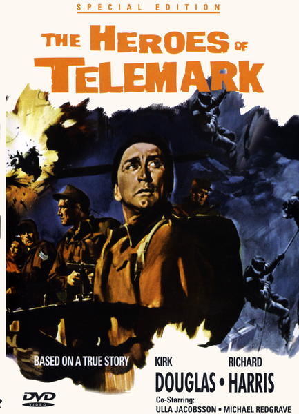 The cover of The Heroes of Telemark DVD (1965) features a man in military attire alongside other armed figures, set against a backdrop of fiery explosions. The title and actors’ names are prominently displayed, making this classic WWII adventure a must-have for fans of vintage films on DVD.