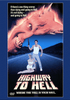 A man holding a gun and a woman kneel on an empty highway, while a gigantic red demon head looms above them in the sky. Text reads: "Highway to Hell. Where the toll is your soul." Experience this cult classic horror comedy—get your copy of Highway To Hell DVD (1991) among our collection of rare movies on DVD today!.