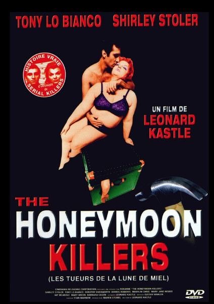 The Honeymoon Killers DVD (1969) features a chilling true crime cover with Shirley Stoler as Martha Beck, depicting a man embracing a woman atop a trunk. The red title overlays an oversized hammer graphic, while cast names and tagline are displayed at the top along with French translations.