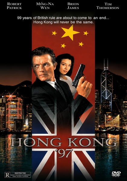 Movie poster for Hong Kong 97 DVD (1994), a thrilling Hong Kong action movie featuring Robert Patrick. The design shows two people—a man with a gun and a woman—overlaid on the UK and China flags, with a city skyline at night below. Text appears at the top and the movie title at the bottom. Available on NTSC Region ALL DVD.
