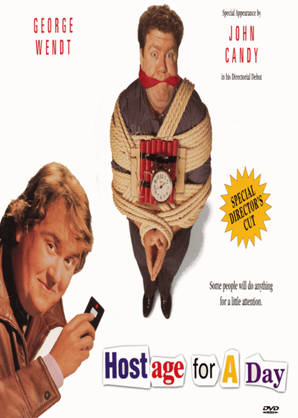 The Hostage For A Day DVD (1994) cover shows a man tied with rope and dynamite, gagged, standing beside another man who holds a remote. The design includes the names of the stars, a "director’s cut" label, and a ransom note-style title. This is an essential addition for collectors of rare DVDs and fans of classic films on DVD.