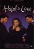 A woman stands between two men, all dressed in black, each man holding a rose in his mouth. Against a purple starry background, the title "Hotel de Love" appears in elegant white letters above them—an image reflecting the quirky charm of this romantic comedy. The Hotel de Love DVD (1996) is a perfect find for fans seeking rare movies on DVD.
