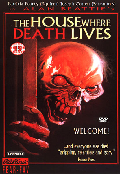 A red-skinned, demonic figure peeks through a doorway on the DVD cover for The House Where Death Lives (1981) DVD.