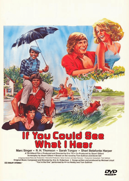 Vivid illustrated cover art for If You Could See What I Hear DVD (1982) features cheerful young adults—including one using crutches—set against a college campus backdrop with a dog. The title and cast appear below the artwork. Ideal for collectors seeking rare movies on DVD.