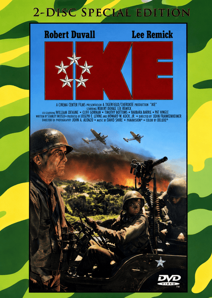 The DVD cover for Ike: The War Years (1979) 2 Discs features Robert Duvall dressed in military attire, with planes soaring above and soldiers engaged in battle. The title is accented by three stars, while a green camouflage border enhances the cover's tribute to Dwight D. Eisenhower’s leadership during World War II.