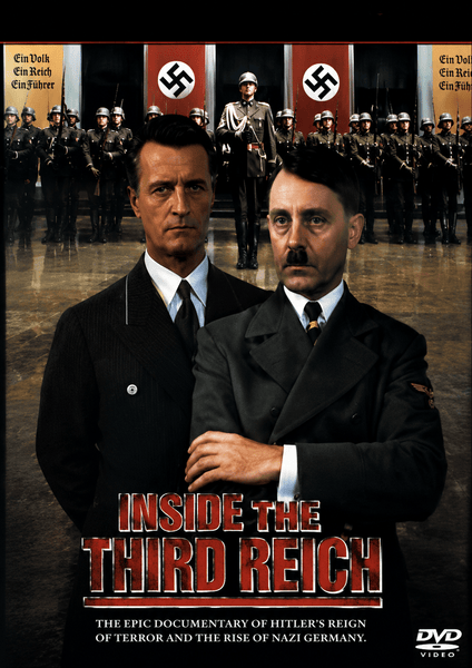 Two men in Nazi uniforms stand before soldiers and swastika banners. Text reads: “Inside the Third Reich DVD (1982): The epic WWII miniseries documentary exploring Hitler’s regime and the rise of Nazi Germany, told through the perspective of Albert Speer.” Inside the Third Reich DVD Video logo appears in the corner.