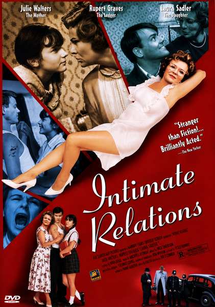 Collage-style movie poster for Intimate Relations DVD (1996) featuring a reclining woman in a white dress, dramatic romantic scenes, and the three main characters set against a bold red background, with the film’s title displayed in large, elegant script—an evocative addition to any Classic Movies on DVD collection.