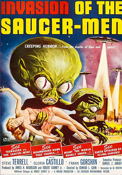 Poster for Invasion of the Saucer Men DVD (1957) featuring towering green aliens with oversized heads abducting a woman, UFOs casting beams amidst frantic scenes below. Bold titles and dramatic taglines frame the artwork—an essential addition for collectors of classic science fiction DVDs and fans seeking rare movies.