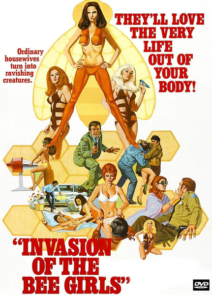 The movie poster for Invasion of the Bee Girls DVD (1973) features women in bikinis surrounded by collapsing men, striking honeycomb designs, and bold red lettering with the film’s title. The tagline states: “Ordinary housewives turn into ravishing creatures.” This rare DVD is a must-have for collectors and fans of classic movies alike.