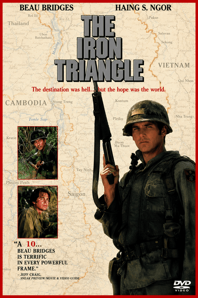DVD cover for The Iron Triangle DVD (1989) featuring a soldier with a rifle in front of a map of Vietnam, flanked by two smaller combat scenes and film credits at the top and bottom—a compelling choice for collectors seeking rare movies on DVD and fans of Vietnam War DVDs.